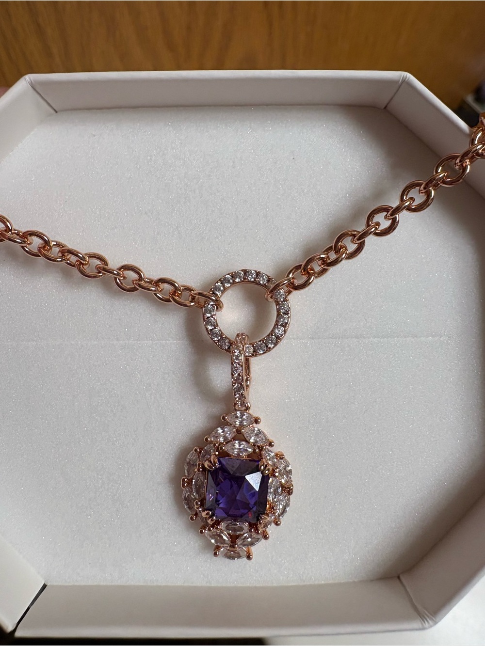 Rose Gold Necklace with Purple Pendant and Crystal Accents